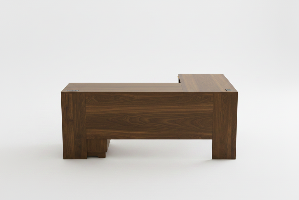 Back view of walnut L-shaped desk