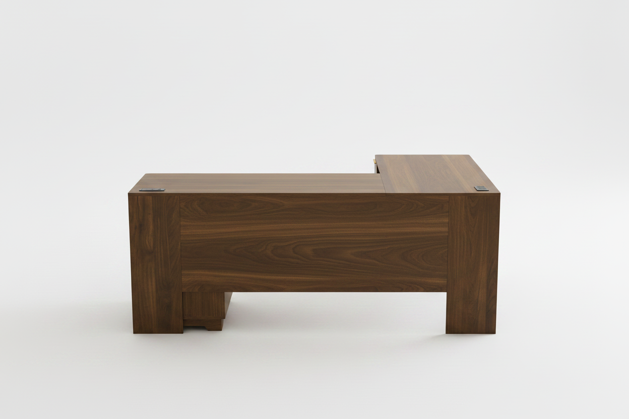 Back view of walnut L-shaped desk