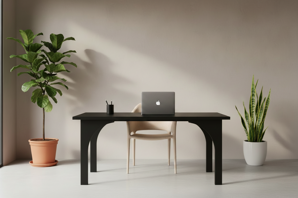 Black Desk with New Chair and Flipped Laptop