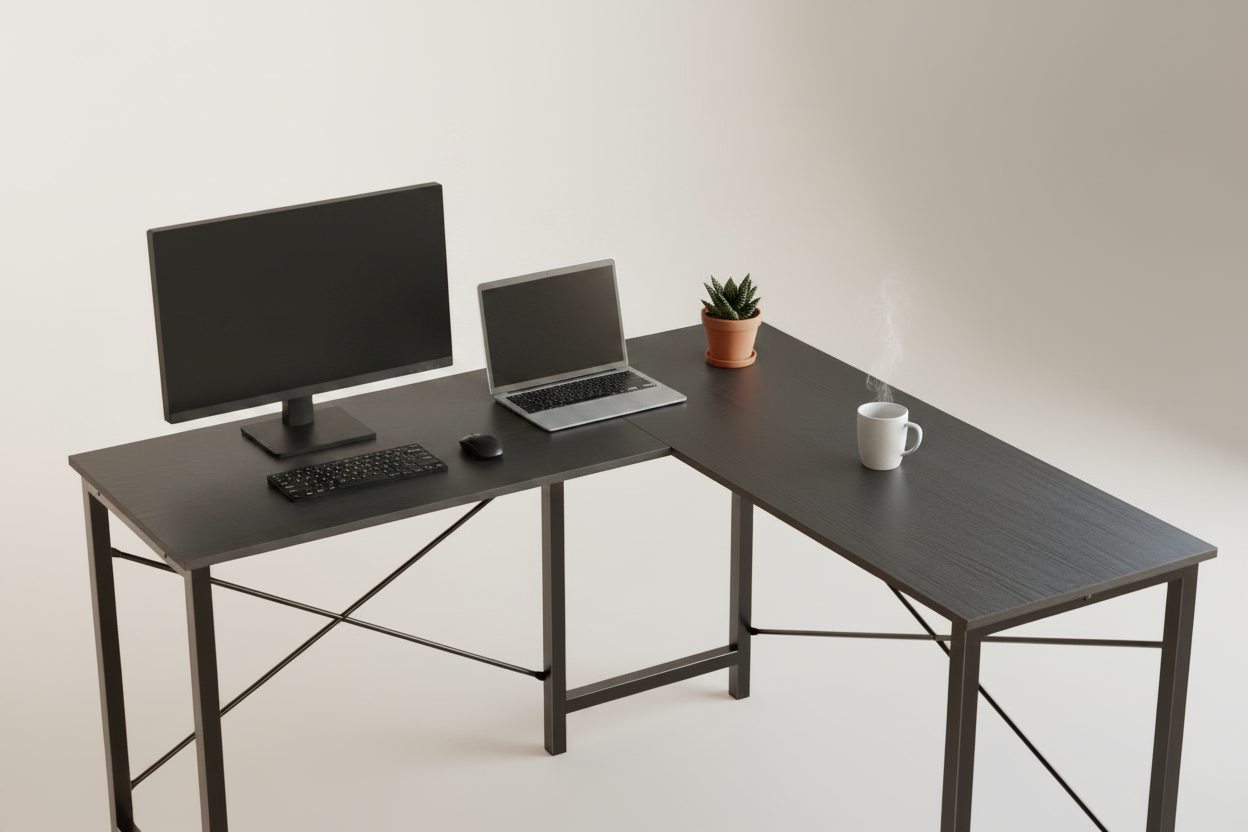 Black L-shaped desk - in use