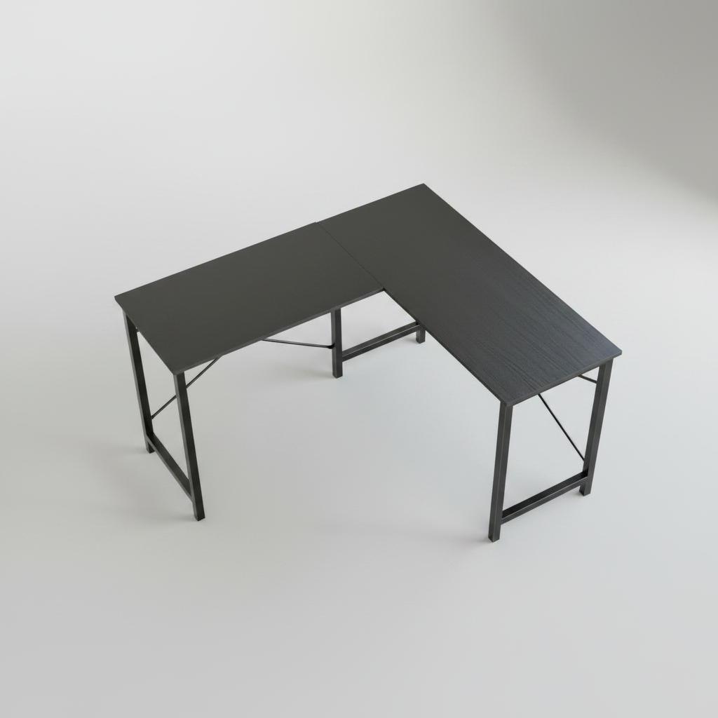 Black L-shaped desk - top down view