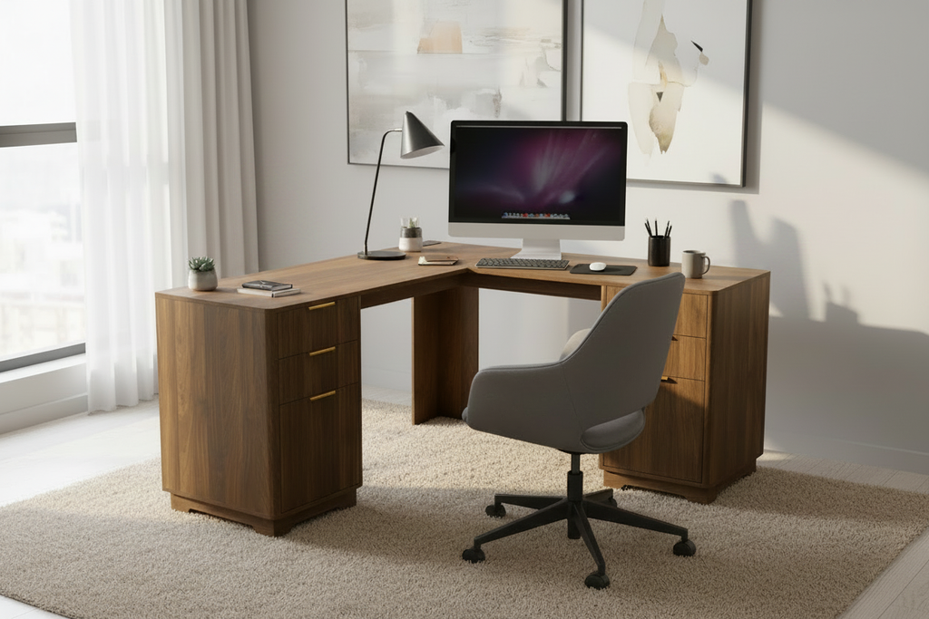 Walnut L-shaped desk minimal lifestyle shot