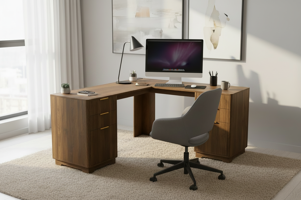 Walnut L-shaped desk minimal lifestyle shot